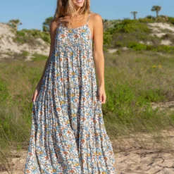 Natural Life Madi Long Slip Dress - Cream Tan Peony