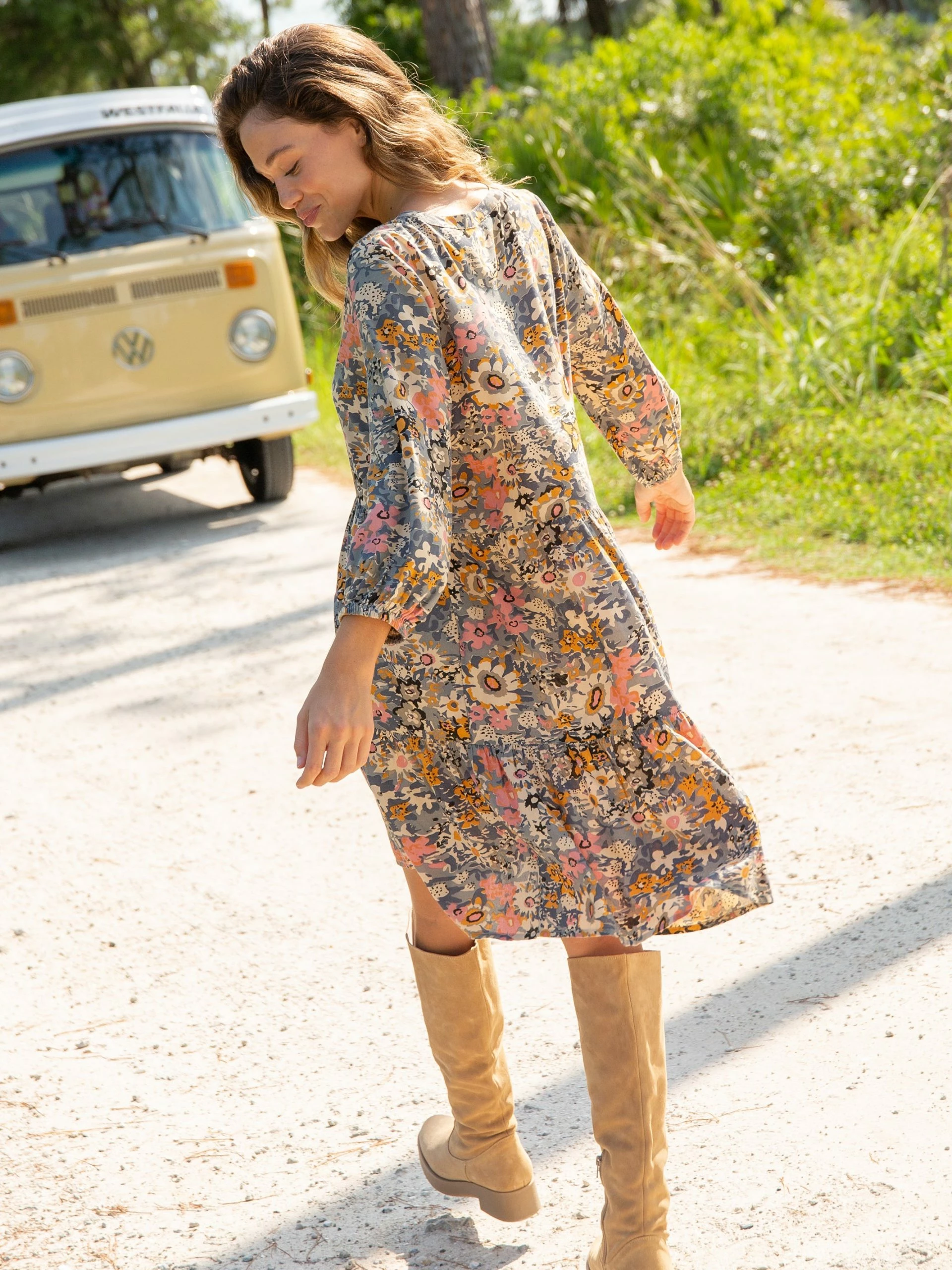 Natural Life Anita Tunic Dress - Tan Orange Floral 5 Natural Life Anita Tunic Dress - Tan Orange Floral - Image 3