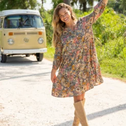Natural Life Anita Tunic Dress - Tan Orange Floral