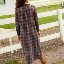 Natural Life Cooper Flannel Shirt Dress - Turquoise Orange Plaid -Natural Life Shop LHDRS2143 3 scaled