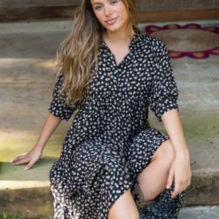 Natural Life Rebecca Tiered Dress - Black Cream Roses -Natural Life Shop LHDRS933 hover scaled