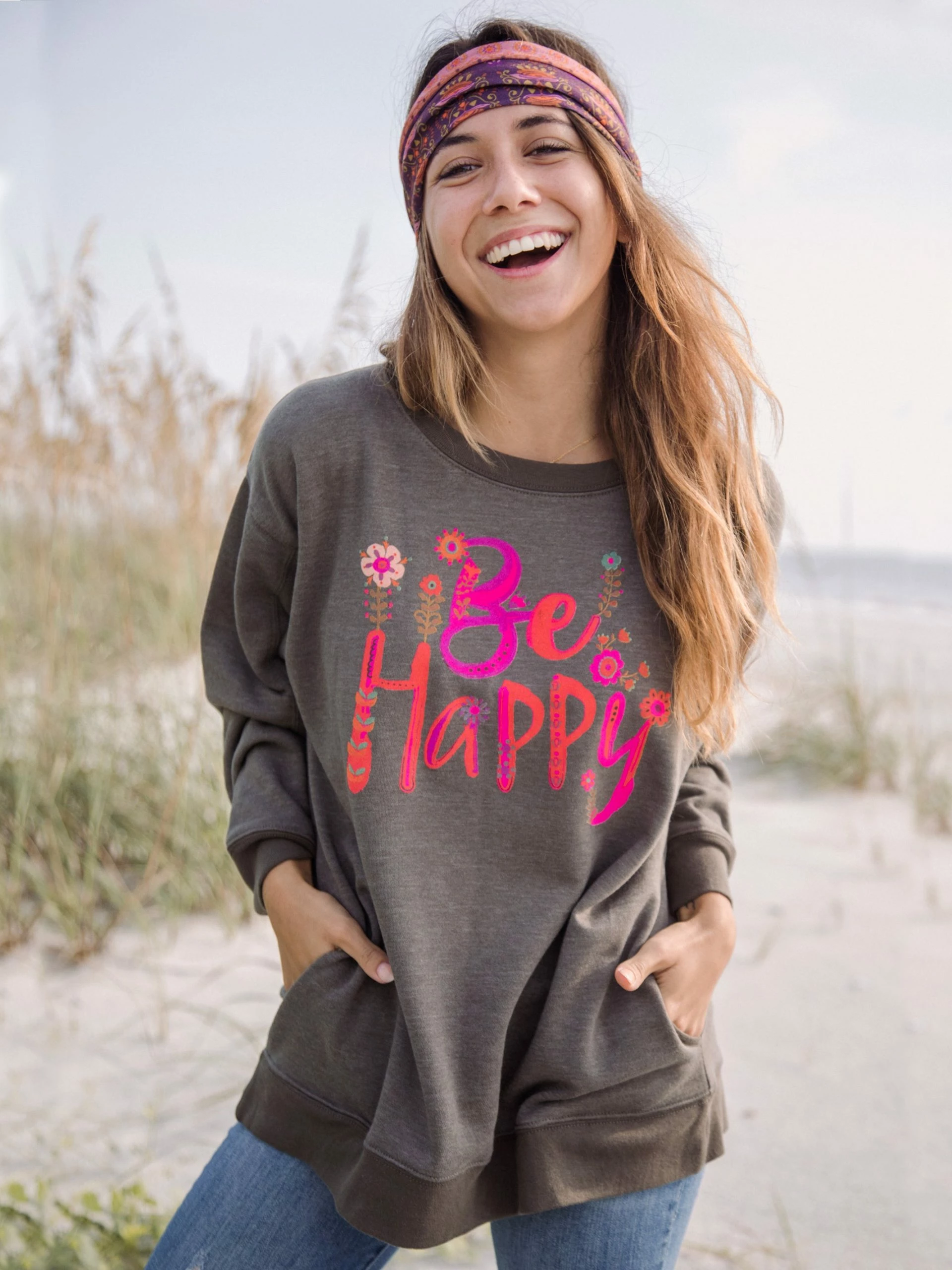 Natural Life Comfy Pocket Sweatshirt - Be Happy 3 Natural Life Comfy Pocket Sweatshirt - Be Happy