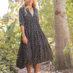 Natural Life Rebecca Tiered Dress - Black Cream Roses