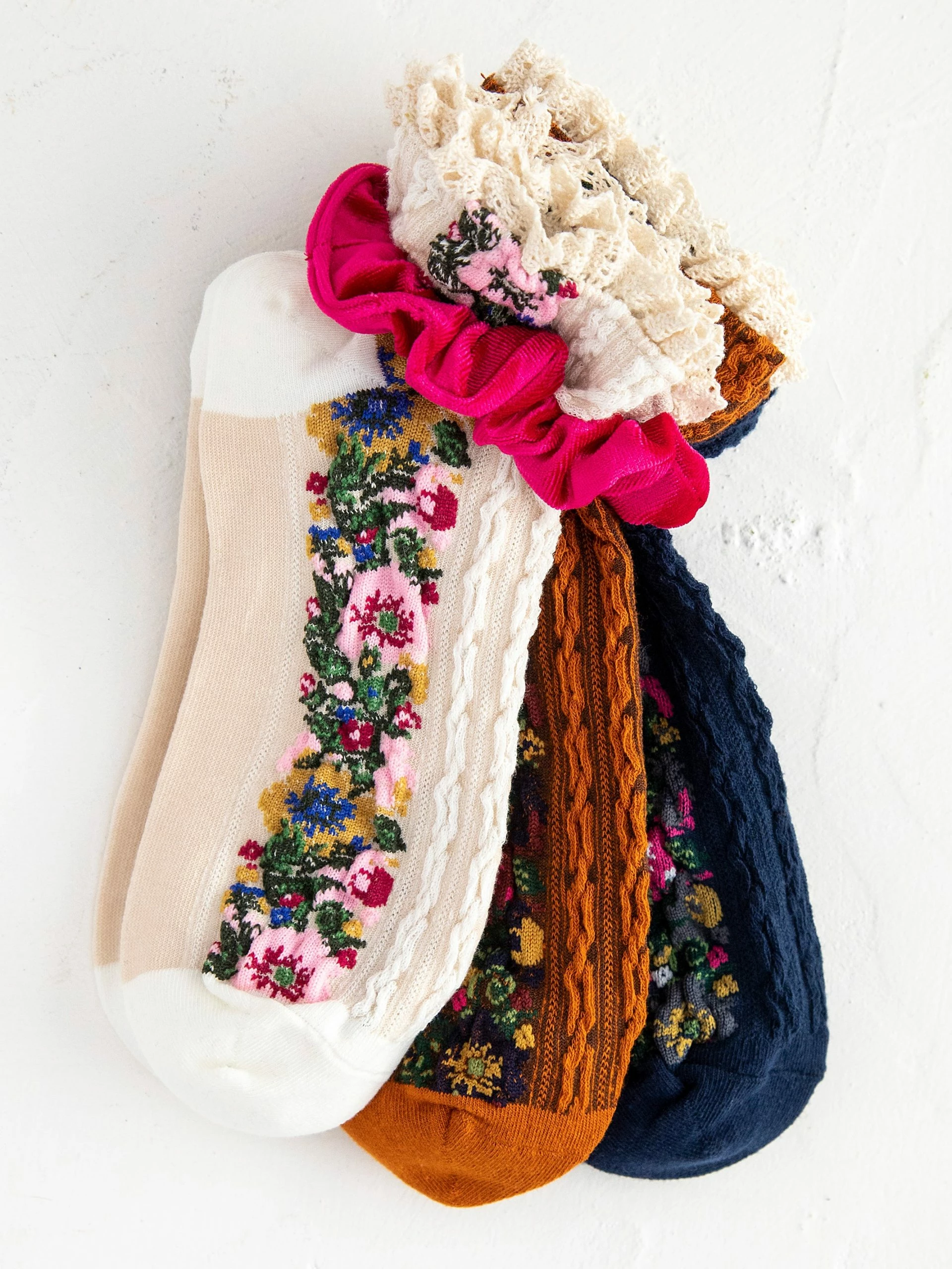 Natural Life Sock And Scrunchie Set - Navy Floral Border 3 Natural Life Sock And Scrunchie Set - Navy Floral Border