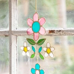 Natural Life Stained Glass Window Hanging - Large Folk Flower Cluster