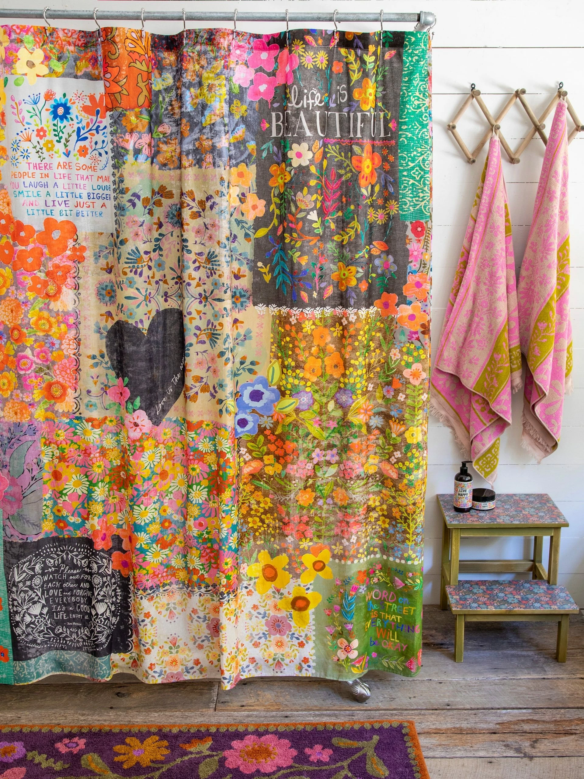 Natural Life Boho Shower Curtain - Heart Patchwork 3 Natural Life Boho Shower Curtain - Heart Patchwork