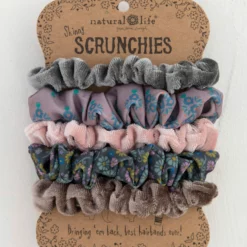 Natural Life Print And Velvet Scrunchies, Set Of 5 - Grey
