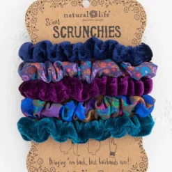 Natural Life Print And Velvet Scrunchies, Set Of 5 - Navy