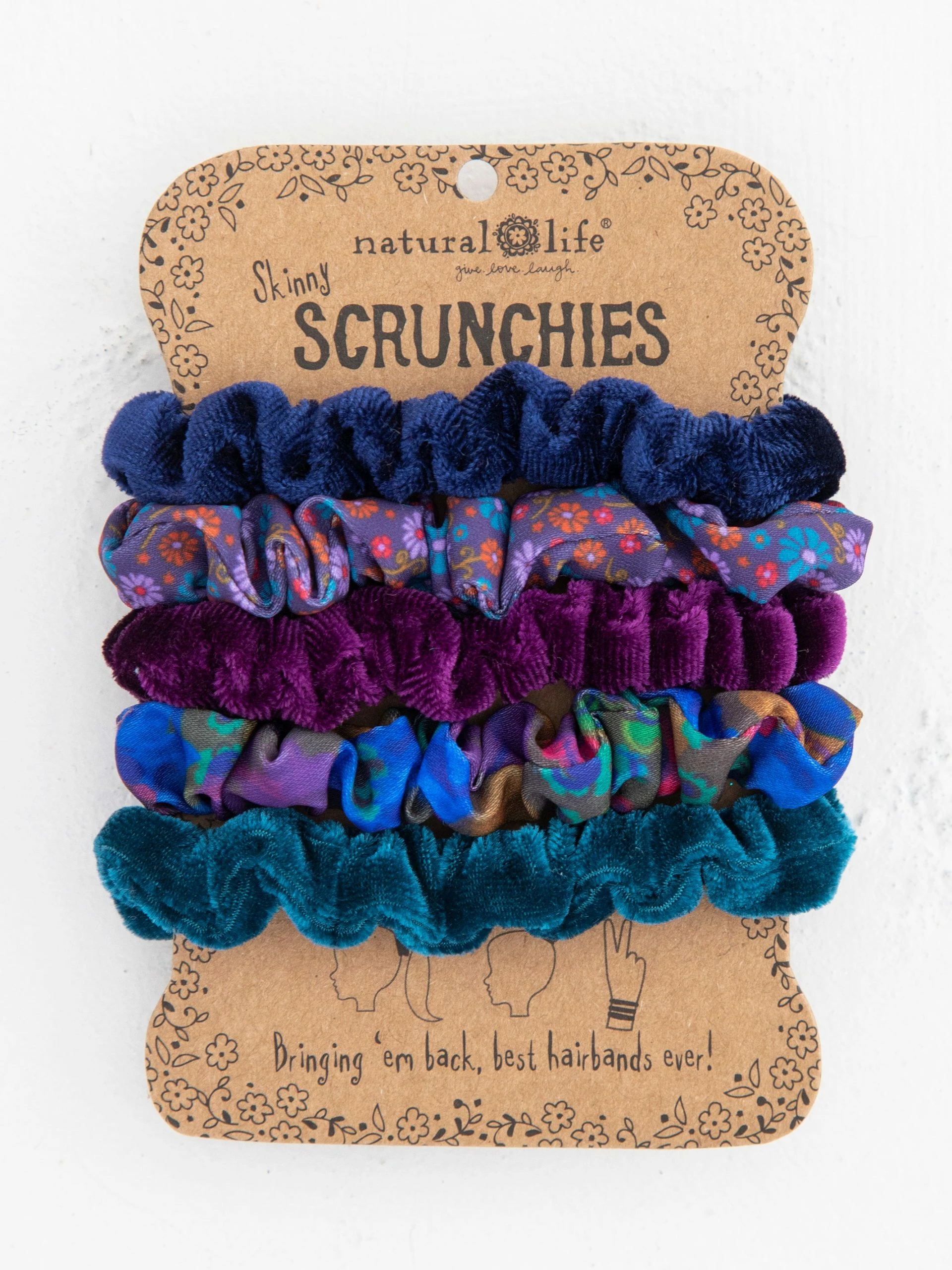 Natural Life Print And Velvet Scrunchies, Set Of 5 - Navy 3 Natural Life Print And Velvet Scrunchies, Set Of 5 - Navy