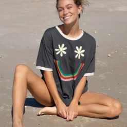 Natural Life Ringer Oversized Tee Shirt - Smiley