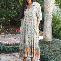 Natural Life Rebecca Tiered Dress - Cream Orange Border