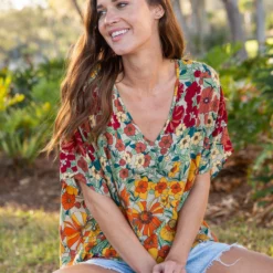 Natural Life Easy V-Neck Top - Gold Vintage Floral