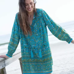 Natural Life Dara V-Neck Mini Dress - Green Turquoise Border