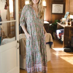 Natural Life Rebecca Tiered Dress - Light Green Floral Border