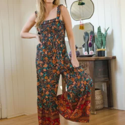 Natural Life Megan Smocked Jumpsuit - Navy Red Floral Border -Natural Life Shop VP3A1755 scaled