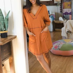 Natural Life Charlie V-Neck Dress - Burnt Orange