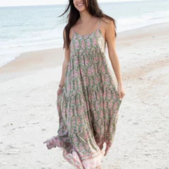 Natural Life Madi Long Slip Dress - Light Green Floral Border