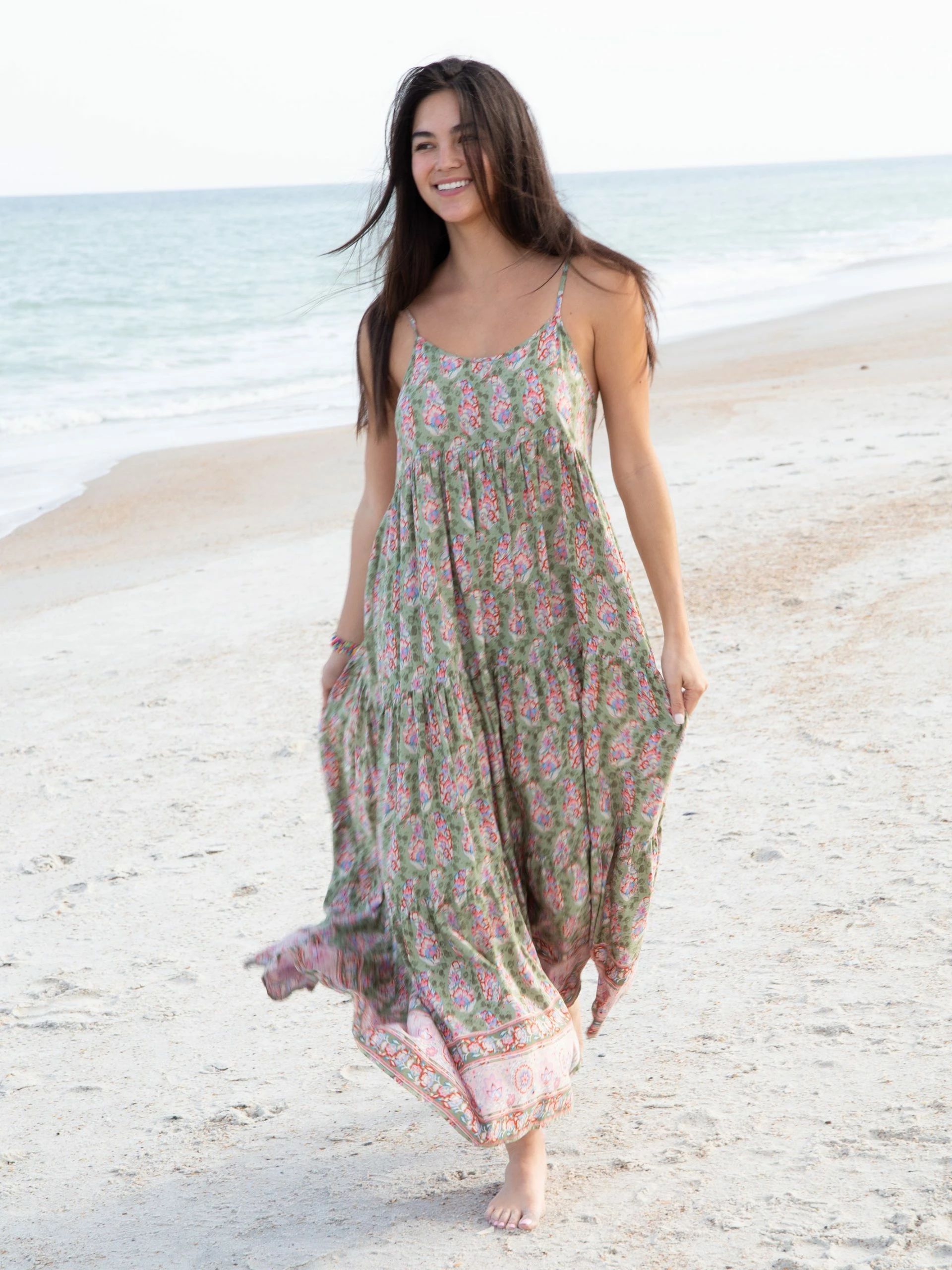 Natural Life Madi Long Slip Dress - Light Green Floral Border 3 Natural Life Madi Long Slip Dress - Light Green Floral Border