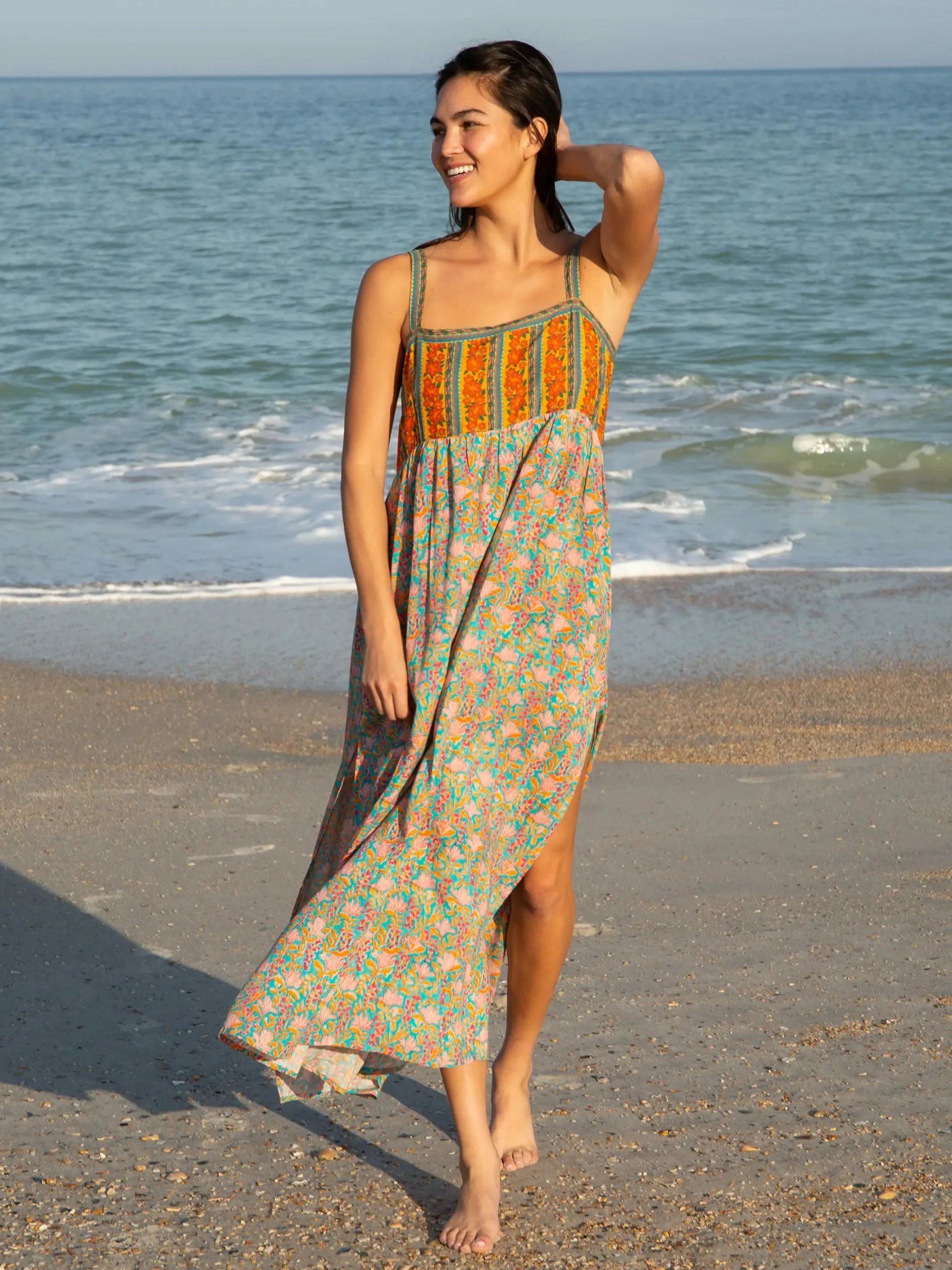 Natural Life Patti Side Slit Maxi Dress - Turquoise Orange Mixed Print 5 Natural Life Patti Side Slit Maxi Dress - Turquoise Orange Mixed Print - Image 3