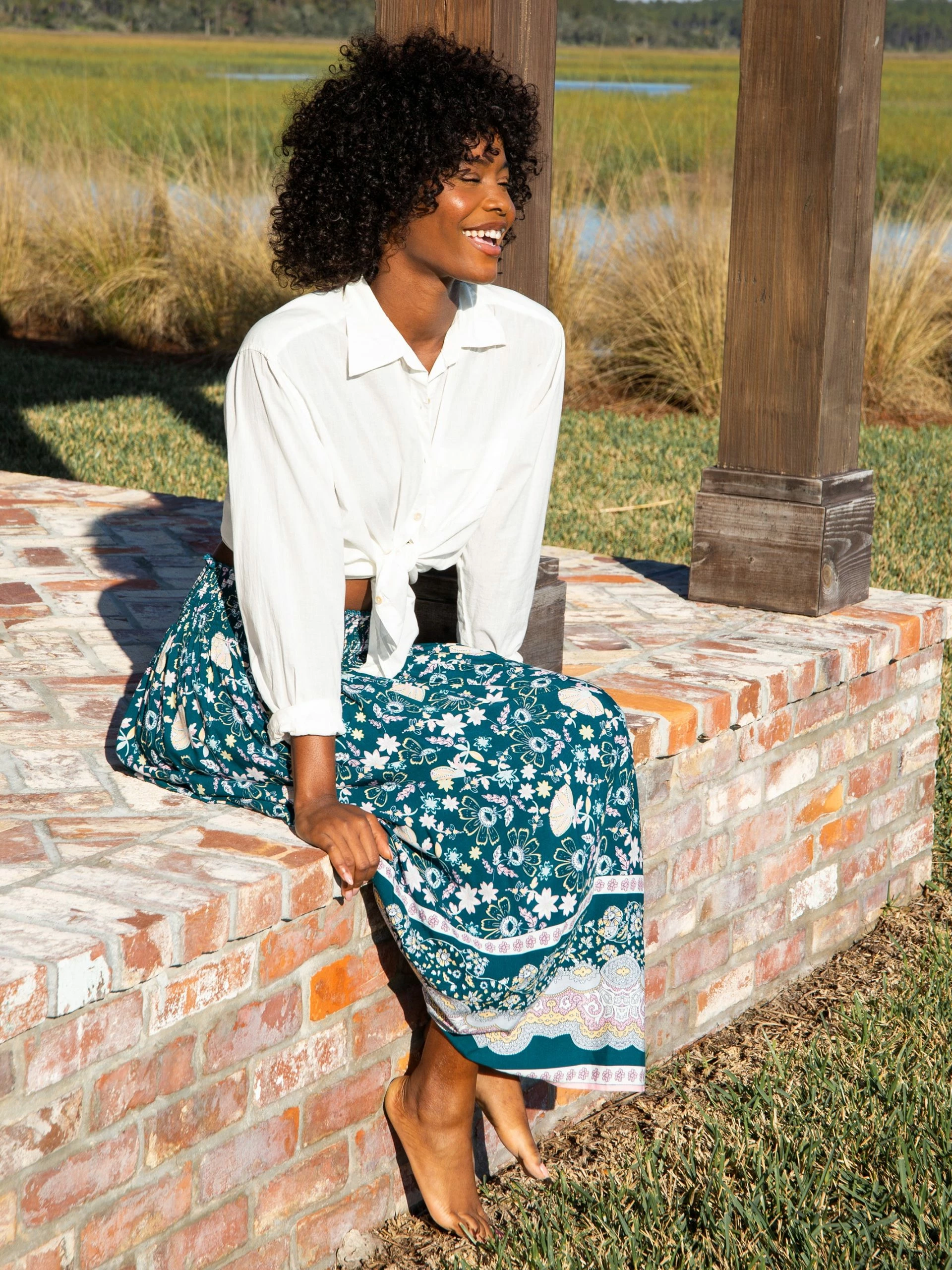 Natural Life Meadow Smocked Midi Skirt - Teal Border 5 Natural Life Meadow Smocked Midi Skirt - Teal Border - Image 3