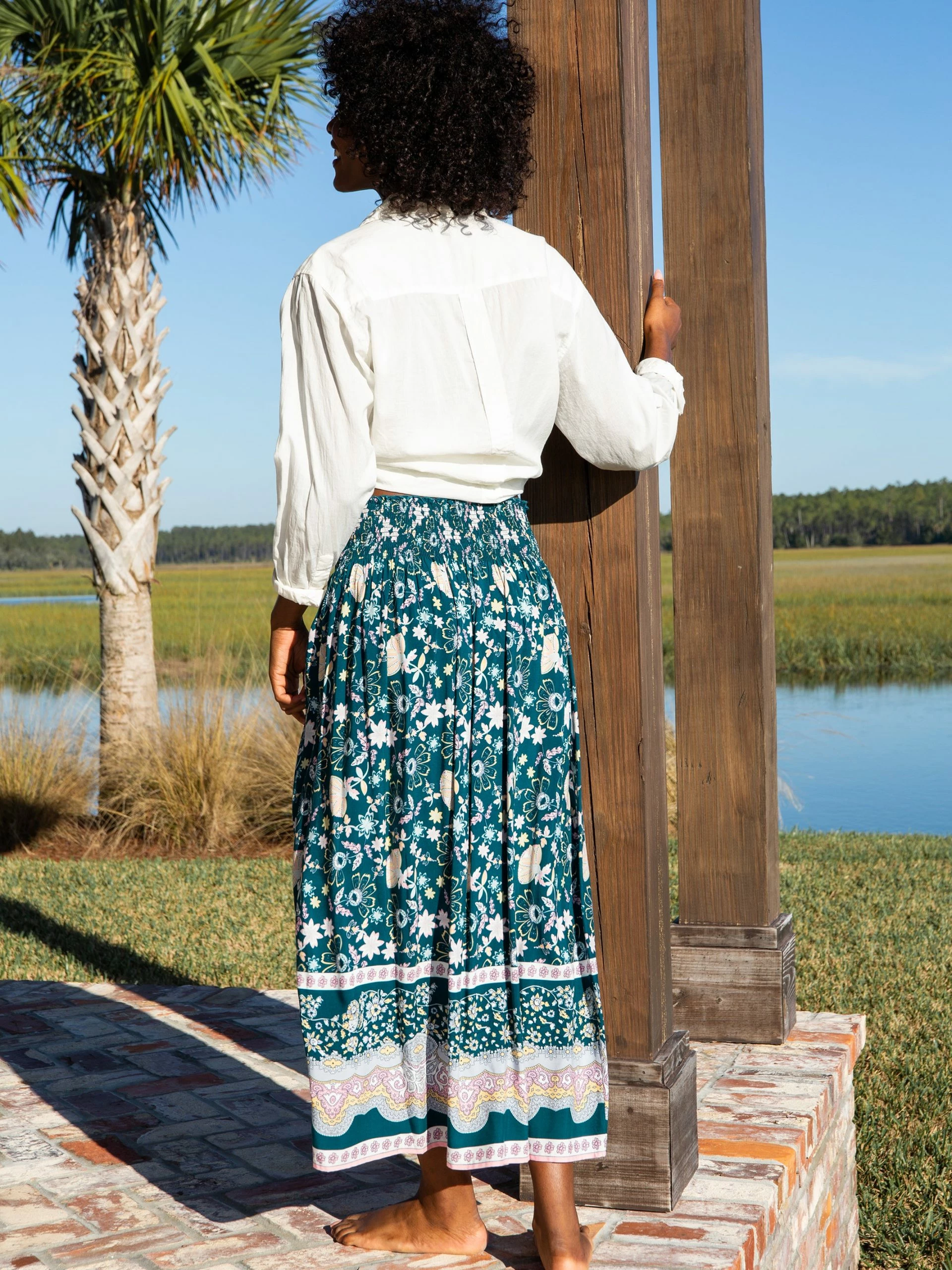 Natural Life Meadow Smocked Midi Skirt - Teal Border 6 Natural Life Meadow Smocked Midi Skirt - Teal Border - Image 4