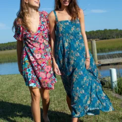 Natural Life Patti Side Slit Maxi Dress - Turquoise Cream Roses -Natural Life Shop VP3A7448 scaled