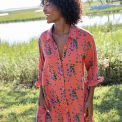 Natural Life Georgia Gauze Shirt Dress - Red Green Floral