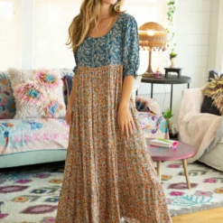 Natural Life Collette Tiered Maxi Dress - Blue Orange Mix Print