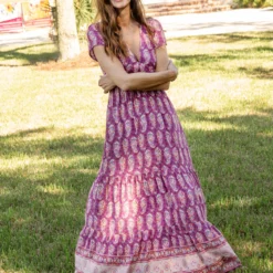 Natural Life Evangeline V-Neck Maxi Dress - Purple Border -Natural Life Shop VP3A9563 scaled