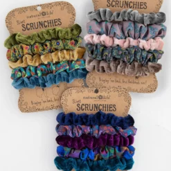 Natural Life Print And Velvet Scrunchies, Set Of 5 - Sage